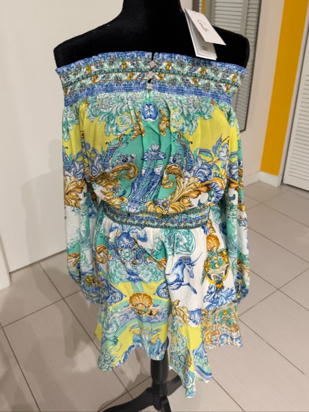 Off-Shoulder Scarf Print Mini Dress in Yellow, Teal & Blue